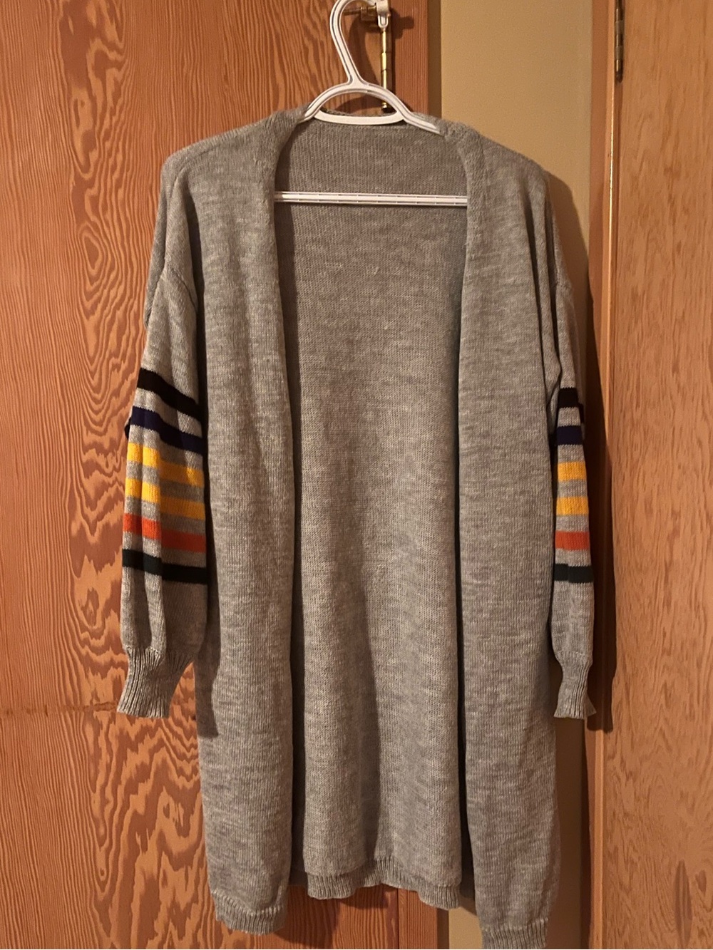 SHEIN Gray Open-Front Cardigan with Yellow, Orange, Blue Stripe Sleeves
